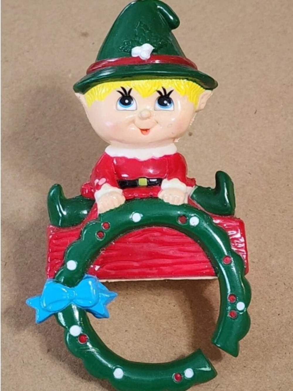 Holiday Elf Wreath Ornament Ring in Green and Red